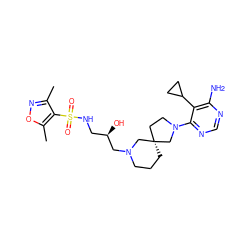 Cc1noc(C)c1S(=O)(=O)NC[C@@H](O)CN1CCC[C@@]2(CCN(c3ncnc(N)c3C3CC3)C2)C1 ZINC000071318171