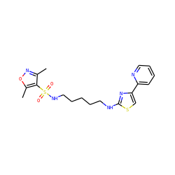 Cc1noc(C)c1S(=O)(=O)NCCCCCNc1nc(-c2ccccn2)cs1 ZINC000073158547
