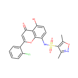 Cc1noc(C)c1S(=O)(=O)Nc1ccc(O)c2c(=O)cc(-c3ccccc3Cl)oc12 ZINC000013879129