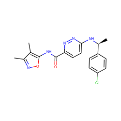 Cc1noc(NC(=O)c2ccc(N[C@@H](C)c3ccc(Cl)cc3)nn2)c1C ZINC000207423189