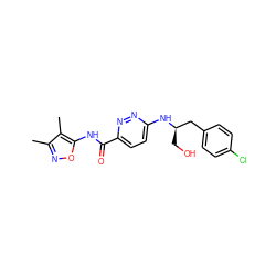 Cc1noc(NC(=O)c2ccc(N[C@H](CO)Cc3ccc(Cl)cc3)nn2)c1C ZINC000207417495