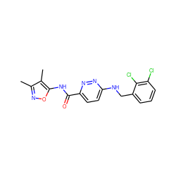 Cc1noc(NC(=O)c2ccc(NCc3cccc(Cl)c3Cl)nn2)c1C ZINC000207423430