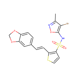 Cc1noc(NS(=O)(=O)c2ccsc2/C=C/c2ccc3c(c2)OCO3)c1Br ZINC000013815653
