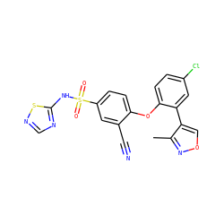 Cc1nocc1-c1cc(Cl)ccc1Oc1ccc(S(=O)(=O)Nc2ncns2)cc1C#N ZINC000095581432