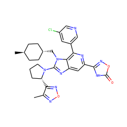 Cc1nonc1[C@@H]1CCCN1c1nc2cc(-c3noc(=O)[nH]3)nc(-c3cncc(Cl)c3)c2n1C[C@H]1CC[C@H](C)CC1 ZINC000261166860