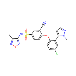 Cc1nonc1NS(=O)(=O)c1ccc(Oc2ccc(Cl)cc2-c2ccnn2C)c(C#N)c1 ZINC000095582816