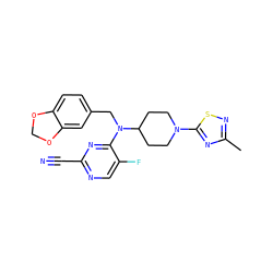 Cc1nsc(N2CCC(N(Cc3ccc4c(c3)OCO4)c3nc(C#N)ncc3F)CC2)n1 ZINC001772604954