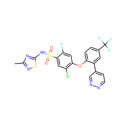 Cc1nsc(NS(=O)(=O)c2cc(Cl)c(Oc3ccc(C(F)(F)F)cc3-c3ccnnc3)cc2F)n1 ZINC000095583654