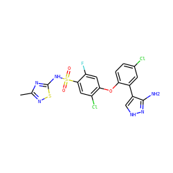 Cc1nsc(NS(=O)(=O)c2cc(Cl)c(Oc3ccc(Cl)cc3-c3c[nH]nc3N)cc2F)n1 ZINC000095581547
