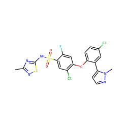 Cc1nsc(NS(=O)(=O)c2cc(Cl)c(Oc3ccc(Cl)cc3-c3ccnn3C)cc2F)n1 ZINC000095583742