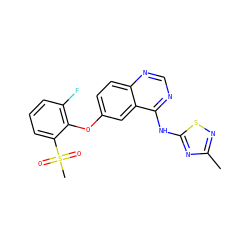 Cc1nsc(Nc2ncnc3ccc(Oc4c(F)cccc4S(C)(=O)=O)cc23)n1 ZINC000045298868