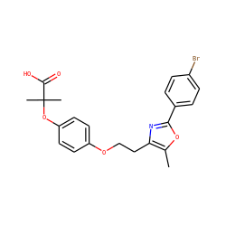 Cc1oc(-c2ccc(Br)cc2)nc1CCOc1ccc(OC(C)(C)C(=O)O)cc1 ZINC000012358171