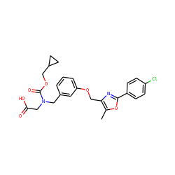 Cc1oc(-c2ccc(Cl)cc2)nc1COc1cccc(CN(CC(=O)O)C(=O)OCC2CC2)c1 ZINC000049072329