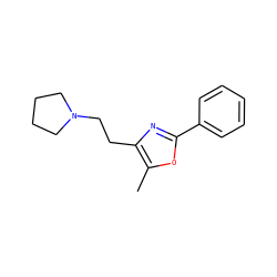 Cc1oc(-c2ccccc2)nc1CCN1CCCC1 ZINC000029130575