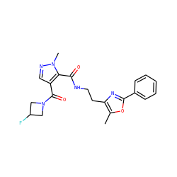 Cc1oc(-c2ccccc2)nc1CCNC(=O)c1c(C(=O)N2CC(F)C2)cnn1C ZINC000144096230