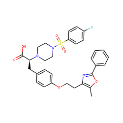 Cc1oc(-c2ccccc2)nc1CCOc1ccc(C[C@@H](C(=O)O)N2CCN(S(=O)(=O)c3ccc(F)cc3)CC2)cc1 ZINC000049780806