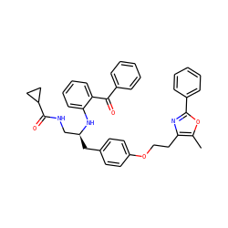 Cc1oc(-c2ccccc2)nc1CCOc1ccc(C[C@@H](CNC(=O)C2CC2)Nc2ccccc2C(=O)c2ccccc2)cc1 ZINC000028704604