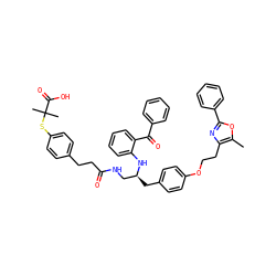 Cc1oc(-c2ccccc2)nc1CCOc1ccc(C[C@@H](CNC(=O)CCc2ccc(SC(C)(C)C(=O)O)cc2)Nc2ccccc2C(=O)c2ccccc2)cc1 ZINC000095607332