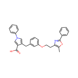 Cc1oc(-c2ccccc2)nc1CCOc1cccc(Cc2cn(-c3ccccc3)cc2C(=O)O)c1 ZINC000040899084