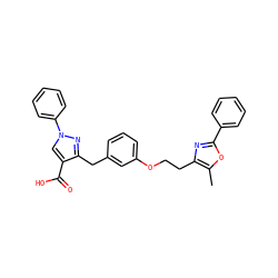 Cc1oc(-c2ccccc2)nc1CCOc1cccc(Cc2nn(-c3ccccc3)cc2C(=O)O)c1 ZINC000040899060