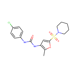Cc1oc(S(=O)(=O)N2CCCCC2)cc1NC(=O)Nc1ccc(Cl)cc1 ZINC000004324631