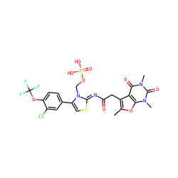 Cc1oc2c(c1CC(=O)/N=c1\scc(-c3ccc(OC(F)(F)F)c(Cl)c3)n1COP(=O)(O)O)c(=O)n(C)c(=O)n2C ZINC000168925258