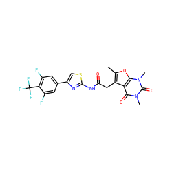 Cc1oc2c(c1CC(=O)Nc1nc(-c3cc(F)c(C(F)(F)F)c(F)c3)cs1)c(=O)n(C)c(=O)n2C ZINC000139114461