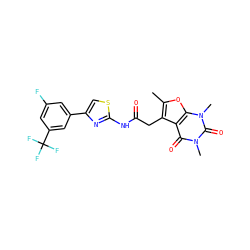Cc1oc2c(c1CC(=O)Nc1nc(-c3cc(F)cc(C(F)(F)F)c3)cs1)c(=O)n(C)c(=O)n2C ZINC000139086854