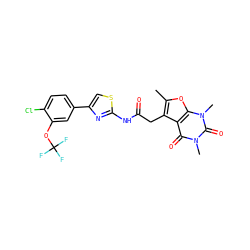 Cc1oc2c(c1CC(=O)Nc1nc(-c3ccc(Cl)c(OC(F)(F)F)c3)cs1)c(=O)n(C)c(=O)n2C ZINC000139094883