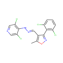Cc1onc(-c2c(Cl)cccc2Cl)c1/C=N/Nc1c(Cl)cncc1Cl ZINC000012368102