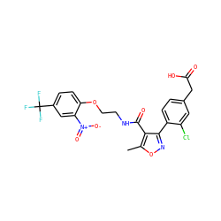 Cc1onc(-c2ccc(CC(=O)O)cc2Cl)c1C(=O)NCCOc1ccc(C(F)(F)F)cc1[N+](=O)[O-] ZINC000036757863