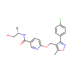 Cc1onc(-c2ccc(Cl)cc2)c1COc1ccc(C(=O)N[C@@H](C)CO)cn1 ZINC000141352838