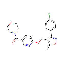 Cc1onc(-c2ccc(Cl)cc2)c1COc1ccc(C(=O)N2CCOCC2)cn1 ZINC000141428427
