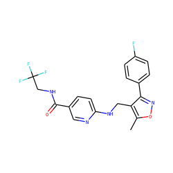 Cc1onc(-c2ccc(F)cc2)c1CNc1ccc(C(=O)NCC(F)(F)F)cn1 ZINC000143122896