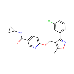 Cc1onc(-c2cccc(Cl)c2)c1COc1ccc(C(=O)NC2CC2)cn1 ZINC000141270247