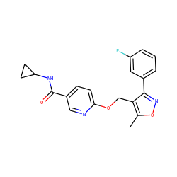 Cc1onc(-c2cccc(F)c2)c1COc1ccc(C(=O)NC2CC2)cn1 ZINC000143925261