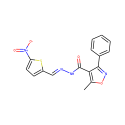 Cc1onc(-c2ccccc2)c1C(=O)N/N=C/c1ccc([N+](=O)[O-])s1 ZINC000001001081
