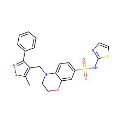 Cc1onc(-c2ccccc2)c1CN1CCOc2cc(S(=O)(=O)Nc3nccs3)ccc21 ZINC000220235103