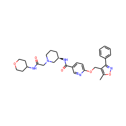 Cc1onc(-c2ccccc2)c1COc1ccc(C(=O)N[C@@H]2CCCN(CC(=O)NC3CCOCC3)C2)cn1 ZINC000143242864