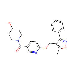 Cc1onc(-c2ccccc2)c1COc1ccc(C(=O)N2CCC(O)CC2)cn1 ZINC000142657615