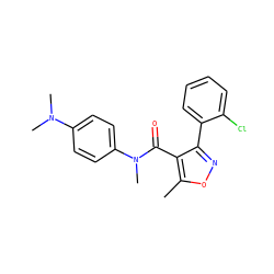 Cc1onc(-c2ccccc2Cl)c1C(=O)N(C)c1ccc(N(C)C)cc1 ZINC000045364543