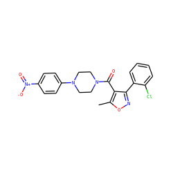 Cc1onc(-c2ccccc2Cl)c1C(=O)N1CCN(c2ccc([N+](=O)[O-])cc2)CC1 ZINC000008435353