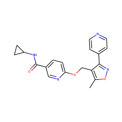 Cc1onc(-c2ccncc2)c1COc1ccc(C(=O)NC2CC2)cn1 ZINC000141282136