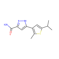Cc1sc(C(C)C)cc1-c1cc(C(N)=O)n[nH]1 ZINC000299822191