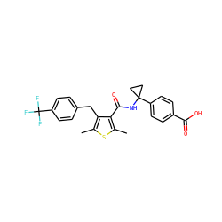 Cc1sc(C)c(C(=O)NC2(c3ccc(C(=O)O)cc3)CC2)c1Cc1ccc(C(F)(F)F)cc1 ZINC000043206034