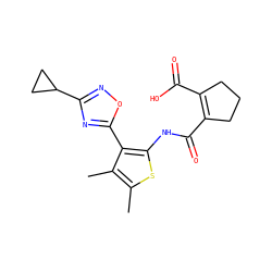 Cc1sc(NC(=O)C2=C(C(=O)O)CCC2)c(-c2nc(C3CC3)no2)c1C ZINC000147023842