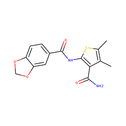 Cc1sc(NC(=O)c2ccc3c(c2)OCO3)c(C(N)=O)c1C ZINC000000035582