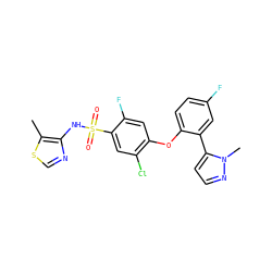 Cc1scnc1NS(=O)(=O)c1cc(Cl)c(Oc2ccc(F)cc2-c2ccnn2C)cc1F ZINC000095585635