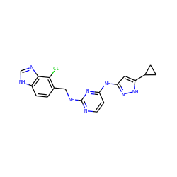 Clc1c(CNc2nccc(Nc3cc(C4CC4)[nH]n3)n2)ccc2[nH]cnc12 ZINC000220661327