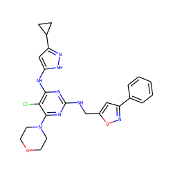 Clc1c(Nc2cc(C3CC3)n[nH]2)nc(NCc2cc(-c3ccccc3)no2)nc1N1CCOCC1 ZINC000117130952